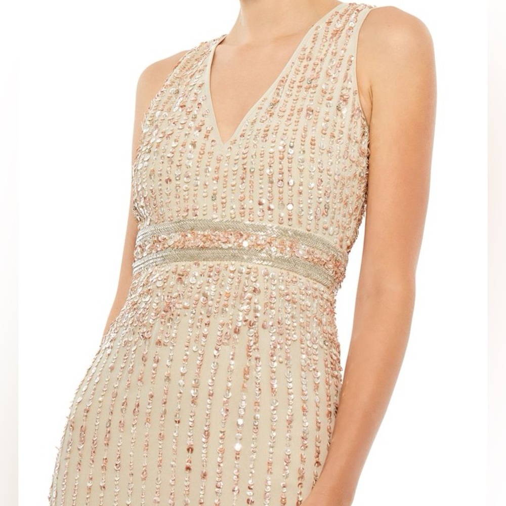 Mac Duggal Tan Gold Sheath Midi Dress V-Neck Sleeveless